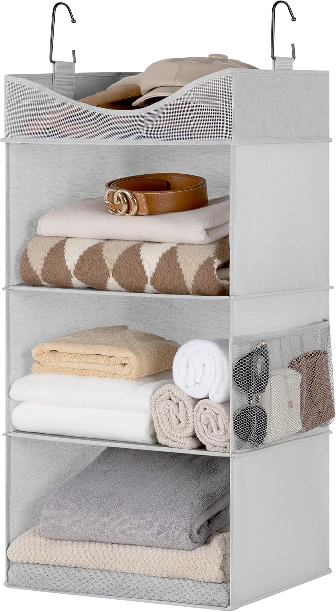 StorageWorks 3-Shelf Hanging Closet Organizer with Half Compartment, Ivory | Add More Storage to Small Closets, a Side Pocket and Half Compartment, Ideal for Bedrooms, Dorms and RVs,Light Grey - Image 9