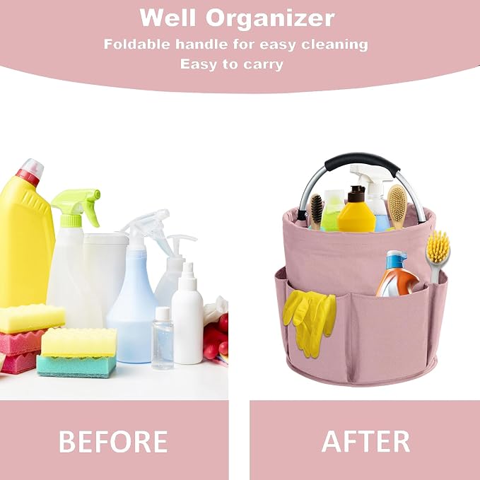 17L Cleaning Caddy with Handle, Cleaning Supplies Organizer, Foldable Storage Basket, Cleaning Supply Caddy, Portable Multi Cleaning Bucket Bag for Home, Garden (Pink) - Image 3