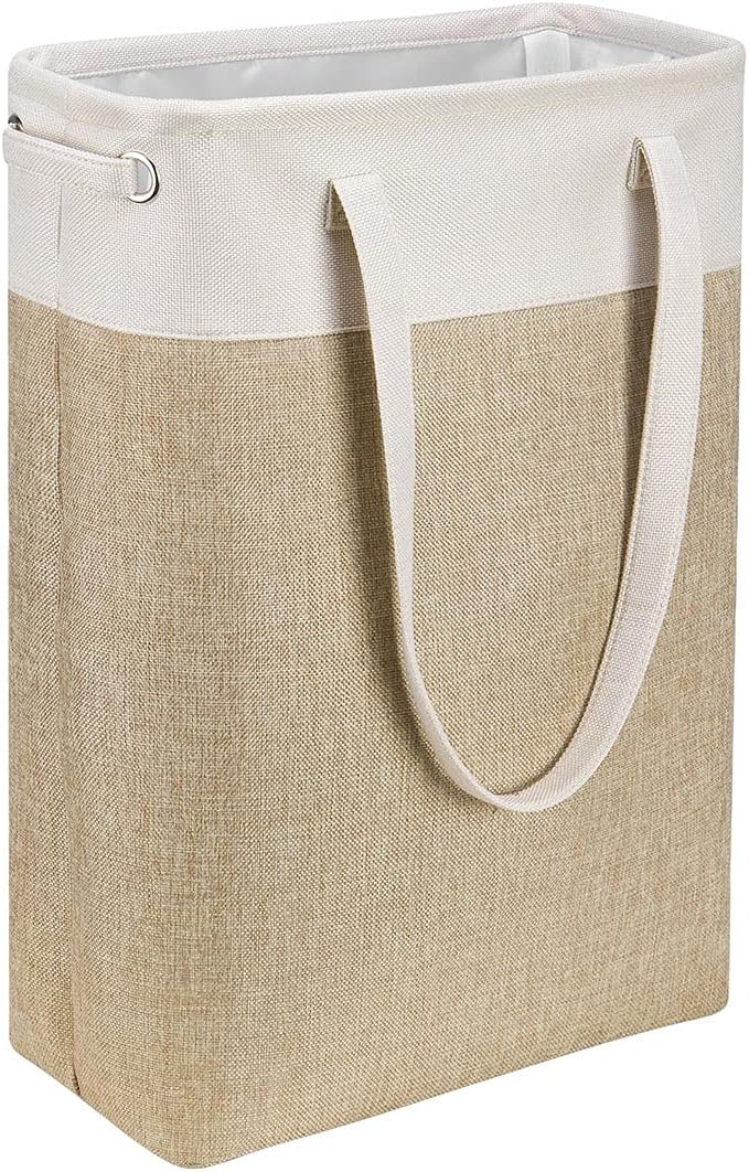 Laundry Basket with Handles Beige&Khaki-Slim Laundry Bin Collapsible Dirty Clothes Basket Narrow Laundry Bag Foldable Dirty Hamper for Camping, Dorms, Apartments by iBKGOO