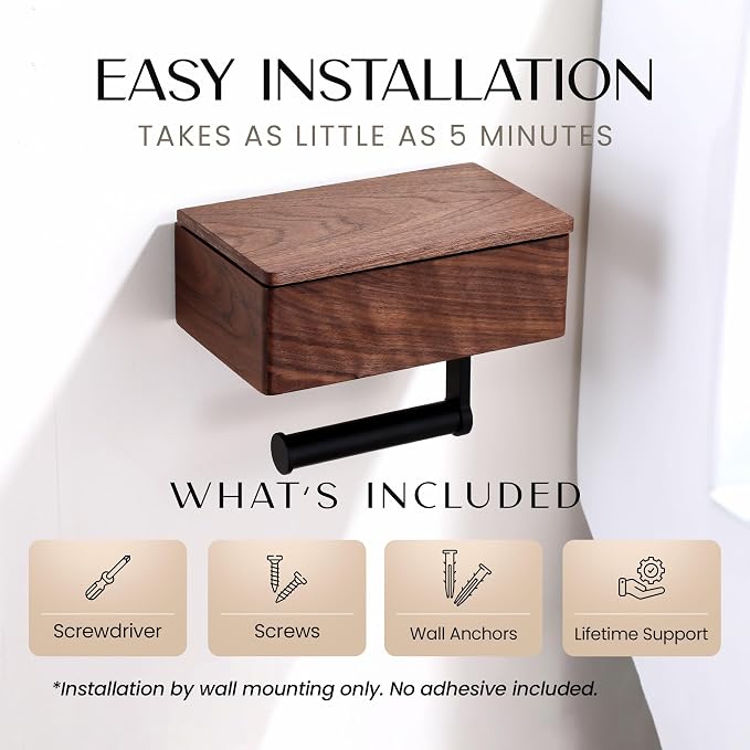 Day Moon™ - Toilet Paper Holder with Shelf - Modern Roll Holder for Bathroom - 1 Pack - Wall Mount - with Storage, Wood - Image 5