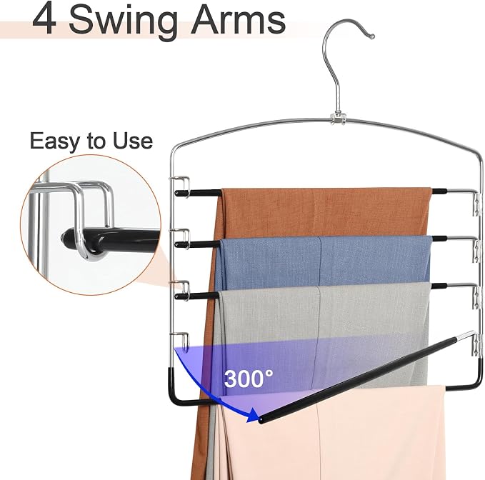 TOPIA HANGER Pant Hangers Space Saving 3 Pack with Non Slip 5 Tiers Hangers | 80% Space Saving Closet Storage Orgainzer, 360° Swivel Hook, Stainless Steel Non Slip 5 Tier Swing Arm for Pant Trouser Jean - Image 4