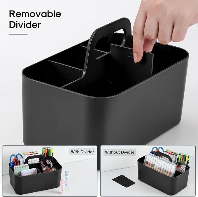 Multiuse Caddy Organizer with Handle, Portable Divided Plastic Tote Bin - Art Craft, Stationary Pen Marker Crayons, Makeup Hair Supplies Storage - Bathroom, Classroom, Dorm, Office, Desk Holder -Black - Image 6