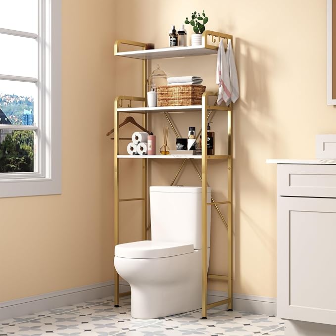 Over The Toilet Storage Rack with 3-Tier Shelves, Space Saver Toilet Shelf, Laundry Organizer with Hooks for Over Toilet Storage and Space Saver (White & Gold) by Huhote