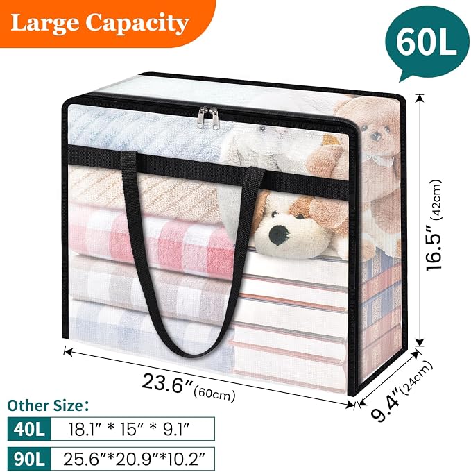 TasticTotes 6 Pack Clear Storage Bags for Comforter, Clothes & Bedding, 60L | Plastic Blanket Storage with Zipper & Handle, Foldable Moving Bags, Closet Organizer and Under-Bed Storage Containers - Image 2