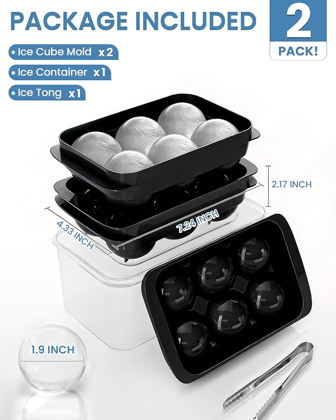 Large Ice Cube Tray for Freezer - 2 Pack Stackable Round Ice Cube Molds Set, Easy to Fill & Release with Storage Bin and Tongs for Kitchen, Party, Cocktail & Coffee, Gifts for Whiskey Lover (1.93In) - Image 2
