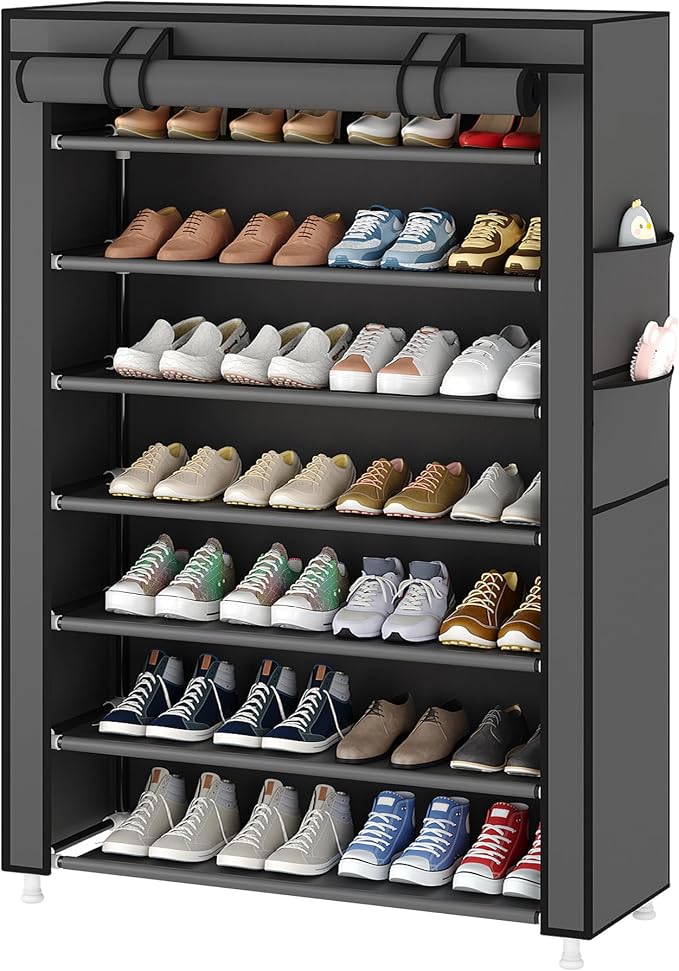 Laiensia 7-Tier Vertical Shoe Rack Organizer, Space Saving Shoe Storage Organizer, Non-Woven Cover Shoe Shelf Holds 28-35 Pairs for Bedroom, Hallway, Closet Entryway, Grey by Laiensia
