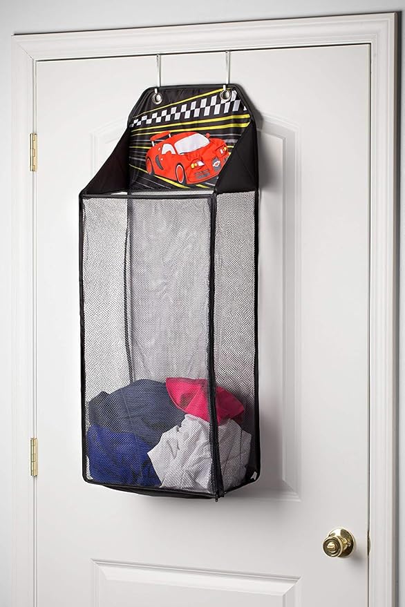 Store&Score Over The Door Hanging Kids Fun LED Race Car Light-Up Collapsible Mesh Laundry Hamper, Toy Chest, Metal Hooks Included - Image 2