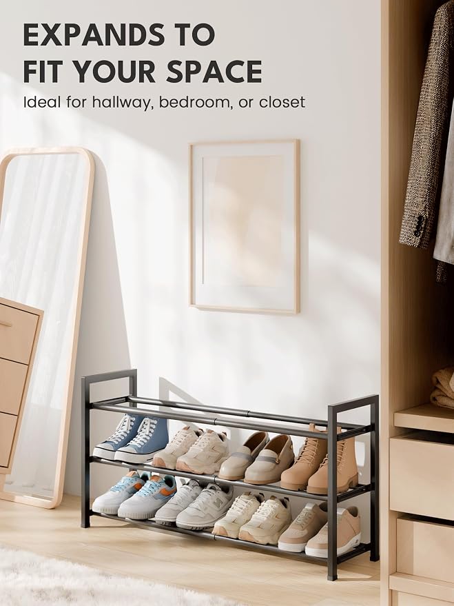 Bumusty 3 Tier Expandable Shoe Rack for Closet, Black | 18"-33" Adjustable Shoe Rack for Entryway, Small Shoe Organizer for Dorm, Front Door, Sturdy Metal - Image 5