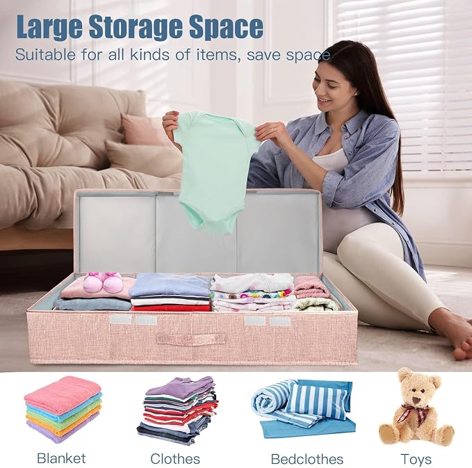 Supowin 2Pack Large Underbed Storage Containers Bin with Lids, Pink | 6 Inches Tall Under Bed Storage Organizer Box with Handles, Foldable Closet Organizer for Clothes, Blankets, Seasonal Items - Image 5