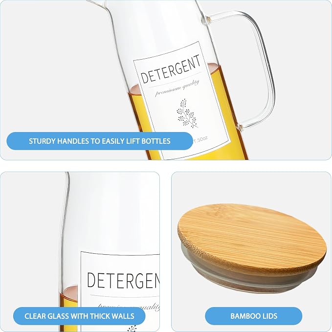 Laundry Detergent Dispenser Set with Bamboo Lids and Handles - Easy Pour 2 Pack 50 oz Liquid Laundry Containers for Laundry Room Organization and Storage - Image 6