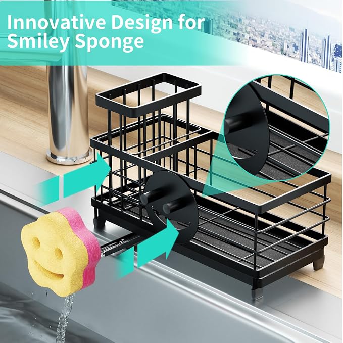 HapiRm Sponge Holder for Kitchen Sink - Self-draining Sink Caddy with Smiley Face and Brush Holder, Stainless Steel Kitchen Countertop Essentials and Gadgets - Black - Image 2