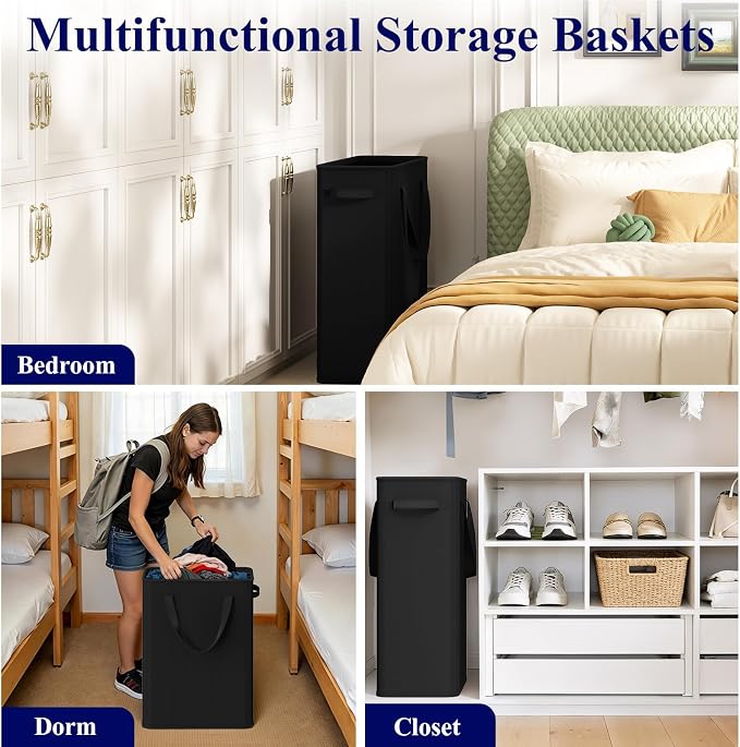 Optish 50L Slim Laundry Hamper, Small Laundry Basket With Handles, Black Narrow Laundry Basket for Dorm, Bedroom, Living Room, Collapsible Laundry Hamper - Image 6