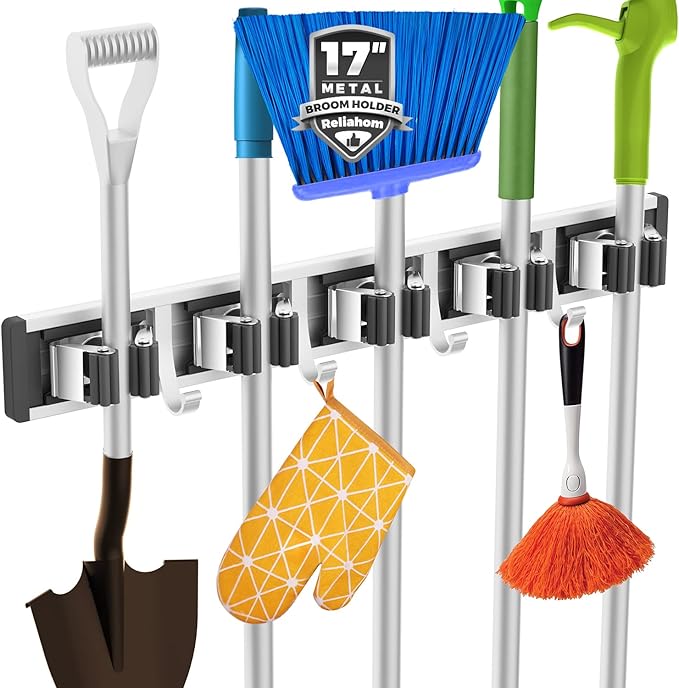 reliahom Broom Holder Wall Mount Mop Hanger Tools organizer 5Racks 4Hooks by reliahom