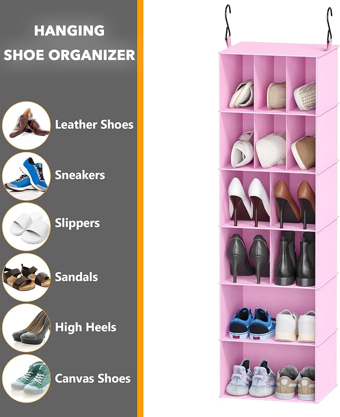 SpaceAid 2 Pack Hanging Closet Organizer and Storage with Dividers, 24 Compartments Hanging Shoe Shelves for Closet, Wardrobe, RV, Garment Rack - Pink - Image 6