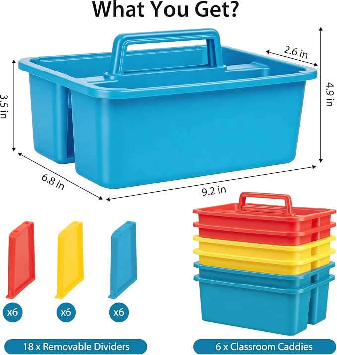 6 Pack Classroom Caddy, Plastic Caddies with Handle & Removable Dividers - Image 2