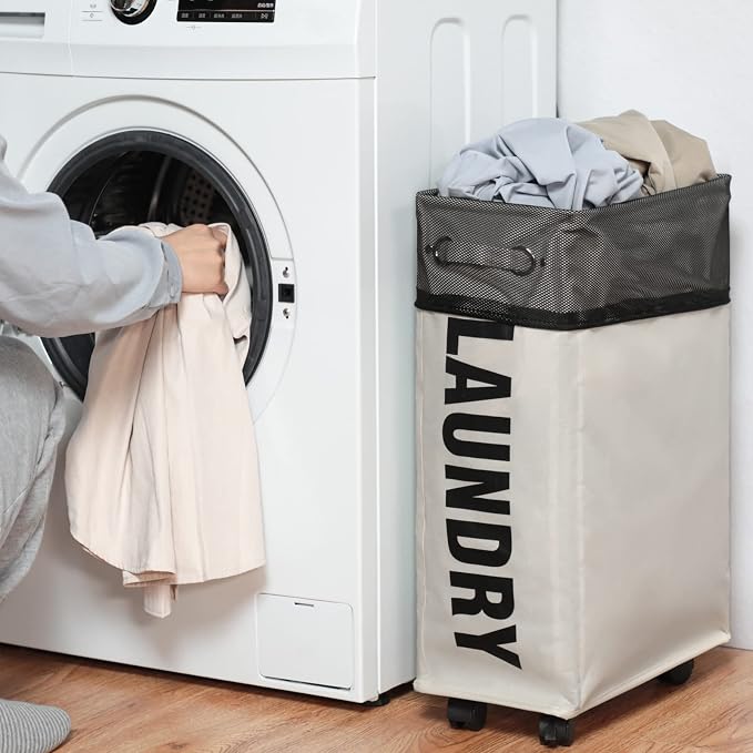 DOKEHOM 25" Slim Rolling Laundry Basket Hamper, Narrow on Wheels, Beige - Image 8
