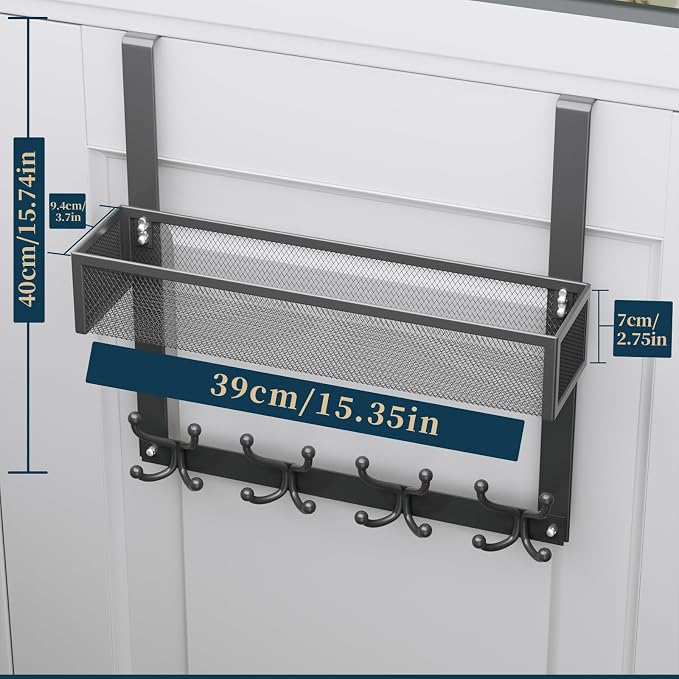 Consumest Over The Door Hooks Organizer - 2 Tier Over Door Hanger with 16 Hooks & 2 Baskets for Hanging Coat, Clothing, Towel, Back Storage for Bathroom, Closet, College Dorm, Grey - Image 7