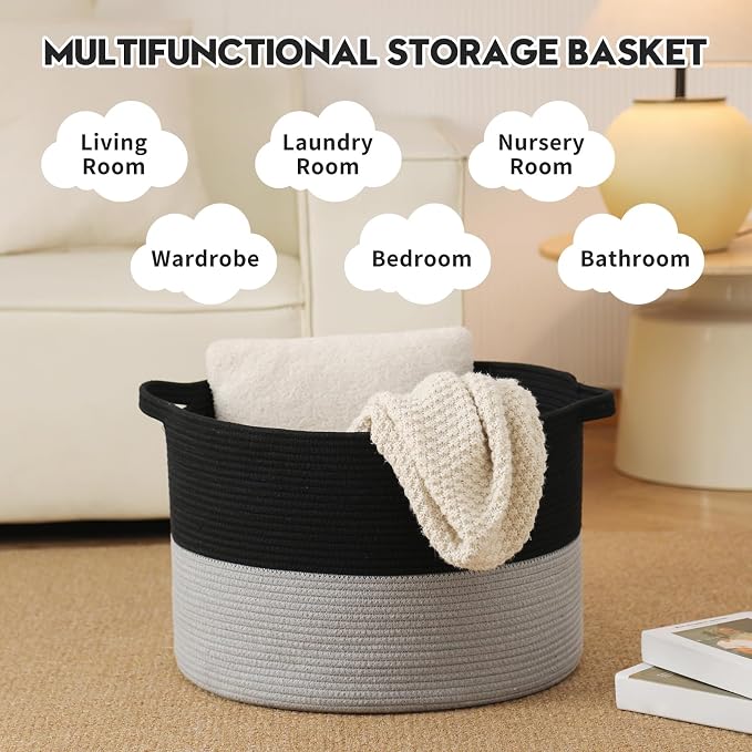 Foldable Laundry Hamper Basket with Collapsible Handle Cotton Rope Soft Woven Fabric Storage Organizer Clothes Toys Nursery Bedroom Dorm Space Saving Bin (Black & Grey, 115L(23.6"D x 15.7"H)) - Image 3