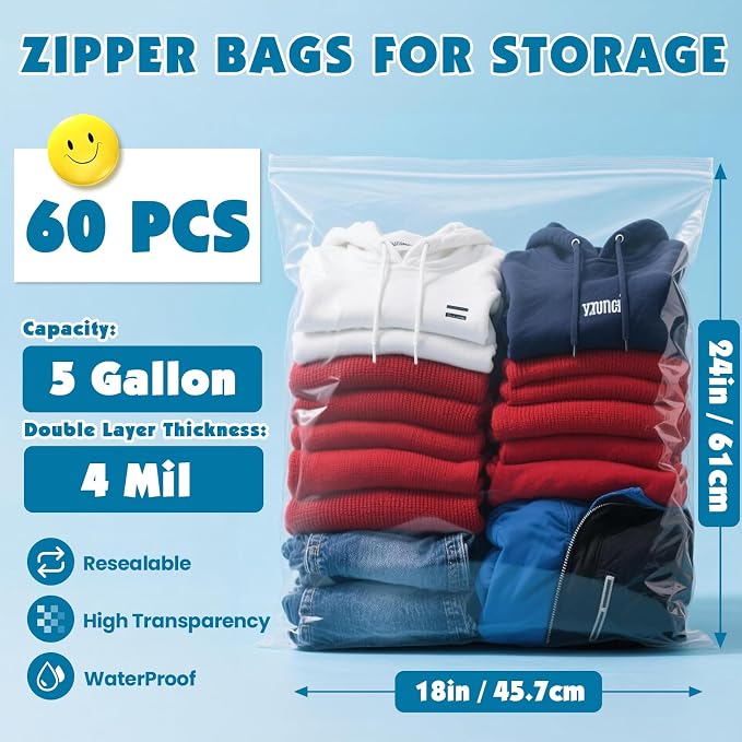 60 Pack Large 5 Gallon Storage Bags with Zipper Top, 18 x 24in Zipper Bags - Image 2