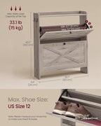 VASAGLE Narrow Shoe Storage Cabinet Organizer with 2 Flip Drawers | Freestanding Shoe Rack, Fits 14 to 16 Pairs, for Entryway, Farmhouse Style, Washed Gray, HAINS Collection UHSC203GD01S - Image 2