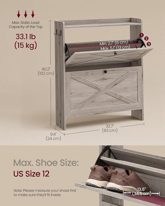 VASAGLE Narrow Shoe Storage Cabinet Organizer with 2 Flip Drawers | Freestanding Shoe Rack, Fits 14 to 16 Pairs, for Entryway, Farmhouse Style, Washed Gray, HAINS Collection UHSC203GD01S - Image 2