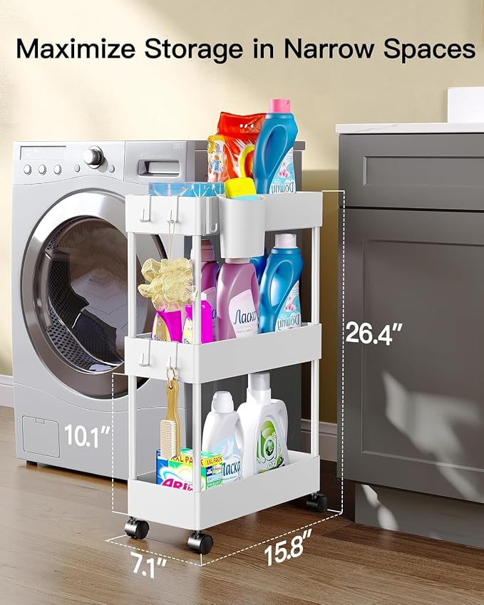 Pipishell 3 Tier Slim Storage Cart with Wheels, Bathroom Cart, White - Image 2