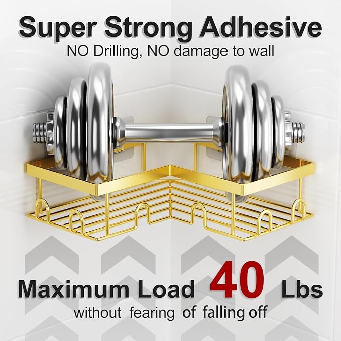 Liuoud Corner Shower Caddy, 5 Pack Adhesive Stainless Steel Organizer, Gold - Image 4