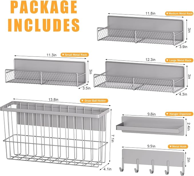 DTUQYX Laundry Organizer with Hanger 6-Pack, Magnetic Shelves for Washing Machine, Magnetic Refrigerator Shelves, Magnet Holder & Baskets, Metal Storage System for Laundry Room, Grey - Image 2