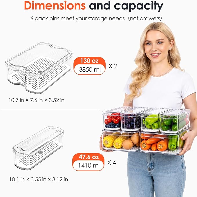 SMRCAD 6 Pack Clear Fridge Organizer Bins with Drain Trays - Stackable - Image 6