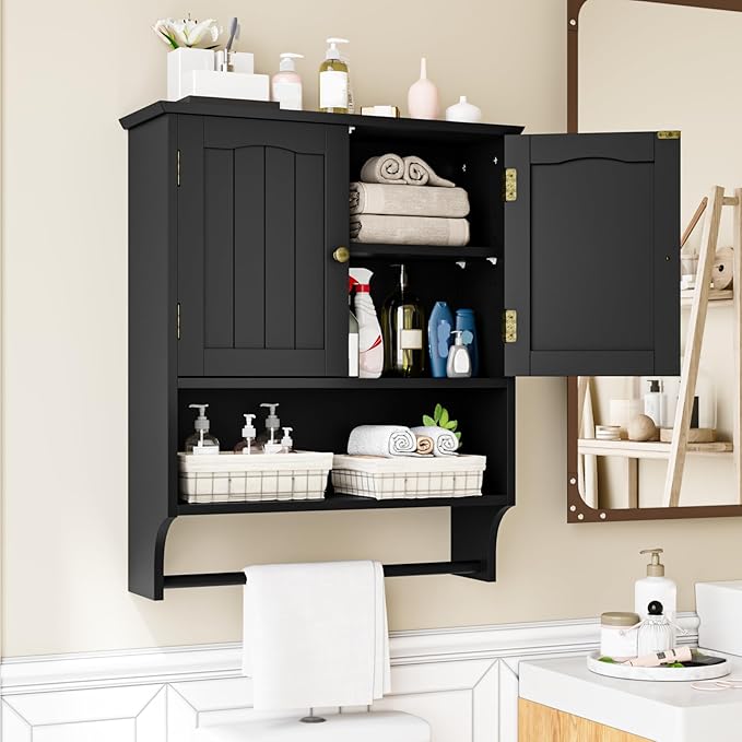 Black Bathroom Cabinet with Towel Rack, Bathroom Wall Cabinet with 2 Doors and Adjustable Shelf, Medicine Cabinet Wall Mount, Over The Toilet Storage by MinoKesper
