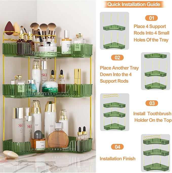 SUNZOS 3-Tier Corner Bathroom Counter Organizer, Bathroom Organizer Countertop with Makeup Brush Holder, Vanity Makeup Cosmetic Storage, Corner Storage Organizers for Dresser - Image 3