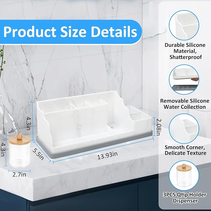 Bathroom Counter Organizer, Large White Silicone Toothbrush Holders for Bathrooms with 3PCS Qtip Holder, Bathroom Organizer Countertop Toothbrush and Toothpaste Holder for Makeup Organizer for Vanity - Image 5