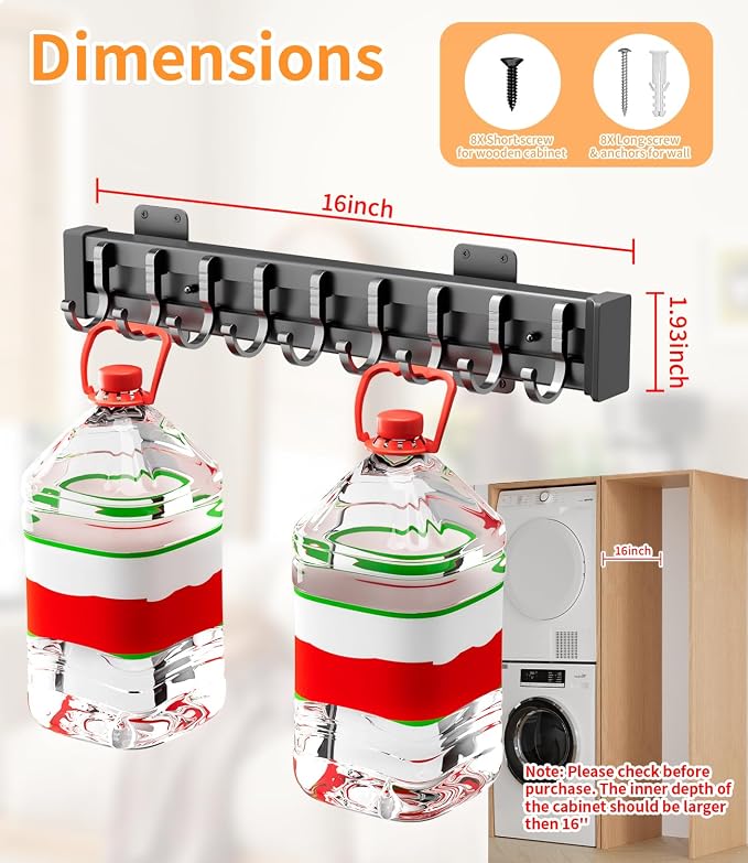 Pull Out Broom Holder With 9 Adjustable Row Sliding Hook - Black 16.14inch - Image 5