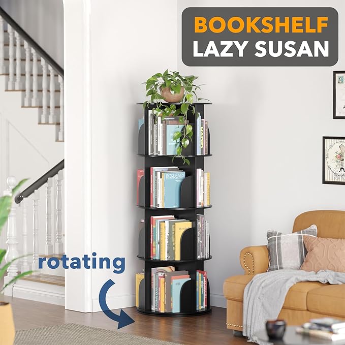 SpaceAid 4 Tier Rotating Bookshelf Tower, Spinning Bookcase Lazy Susan, Revolving 360 Book Shelf Storage Round Carousel, Vertical Rotate Turning Spiral Corner Organizer, Black - Image 4