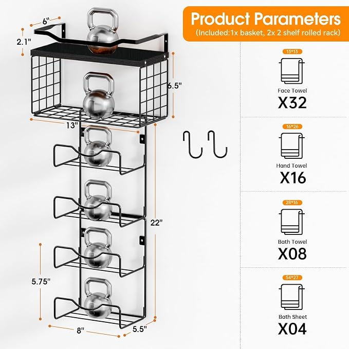 Towel Racks for Bathroom,Towel Rack Wall Mounted, 6 Tier Rolled Or Folded Towel Holder with Floating Shelves, Bathroom Towel Holder for Bath, Hand Towels,Metal and Wood,Full Black - Image 7