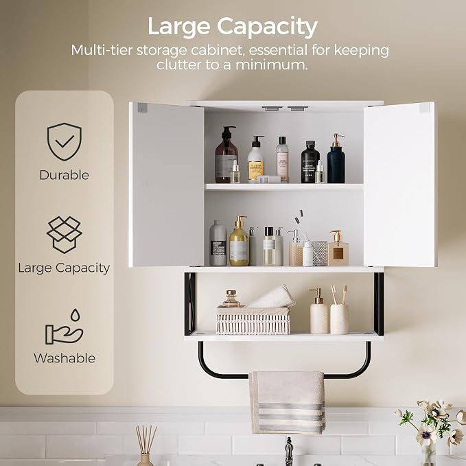 MAHANCRIS Bathroom Wall Cabinet with 2 Door and Adjustable Shelf, Farmhouse Medicine Cabinet with Towel Rack, 3-Tier Wall Mounted Storage Cabinet Over The Toilet for Bathroom, 18.9" L, White - Image 4