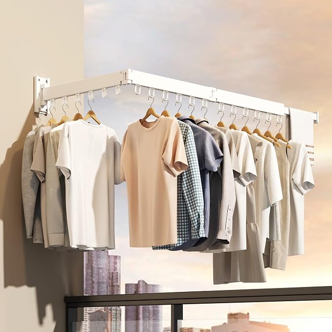 HEILAIYI Clothes Drying Rack,Laundry Drying Rack,Wall Mounted Clothes Rack,Laundry Rack Wall Mount,Folding Retractable Collapsible Drying Rack Clothing (Three-Poles,Loop Hooks,White) - Image 3