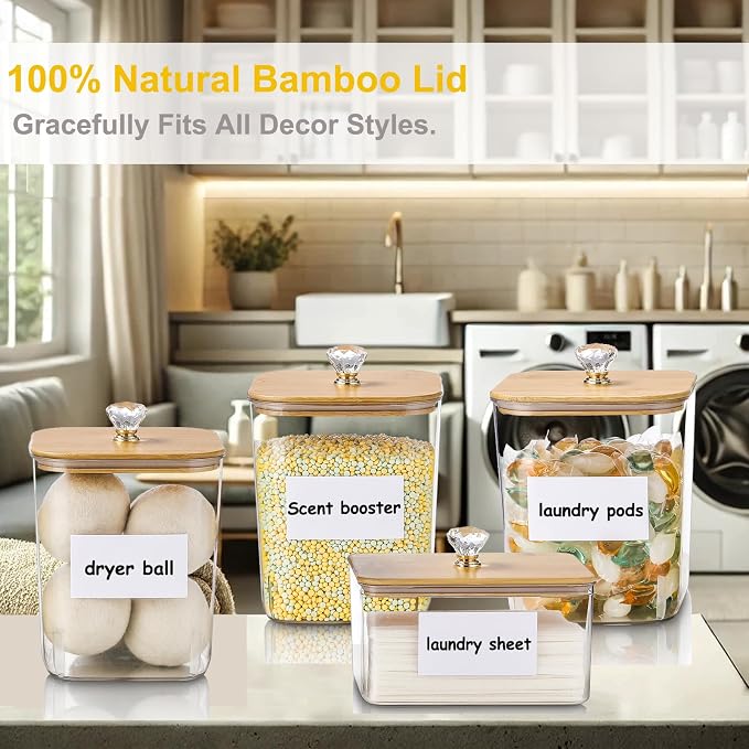 Large 4 Pack Laundry Pods Container & Laundry Powder Container, Plastic Laundry Room Organization and Storage Jars, Dryer Sheet Holder with Lid, Scoops, 16 Labels - Image 2