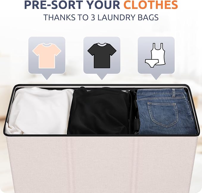 SOLEDI Large Laundry hamper 3 Section with Laundry Bag, XL Clothes Basket - Image 3