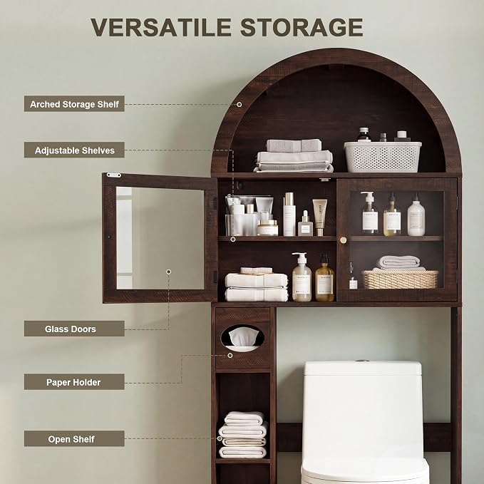 Over the Toilet Storage Cabinet with Arched Top, 68" Tall, Dark Walnut - Image 5