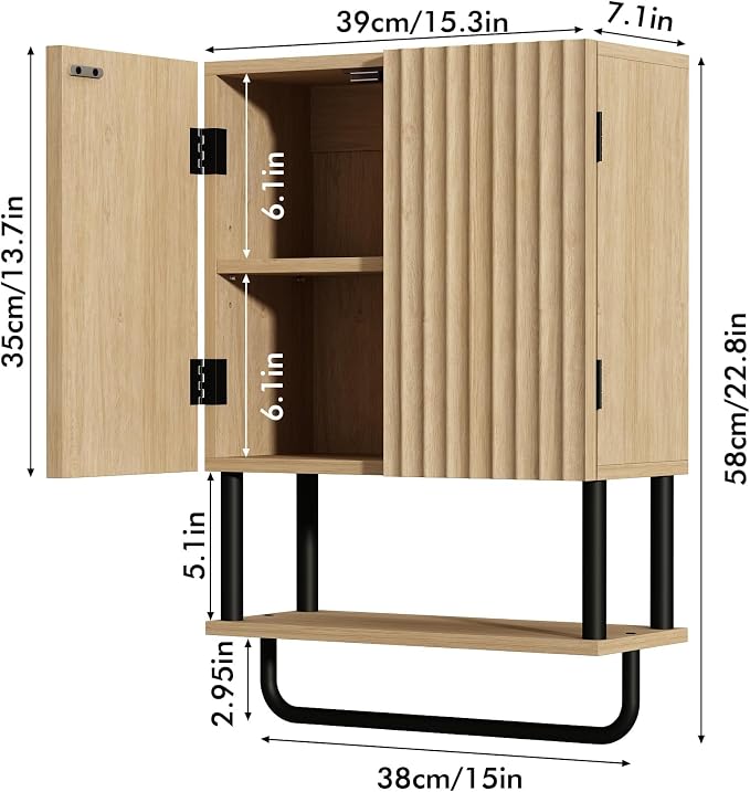 RUSTOWN Fluted Bathroom Wall Cabinet with 2 Doors, 3-Tier Medicine Cabinet - Image 2