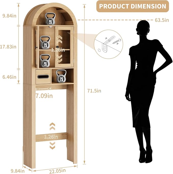 Arched Over the Toilet Storage Cabinet, Tempered Glass Doors, Natural Oak - Image 8