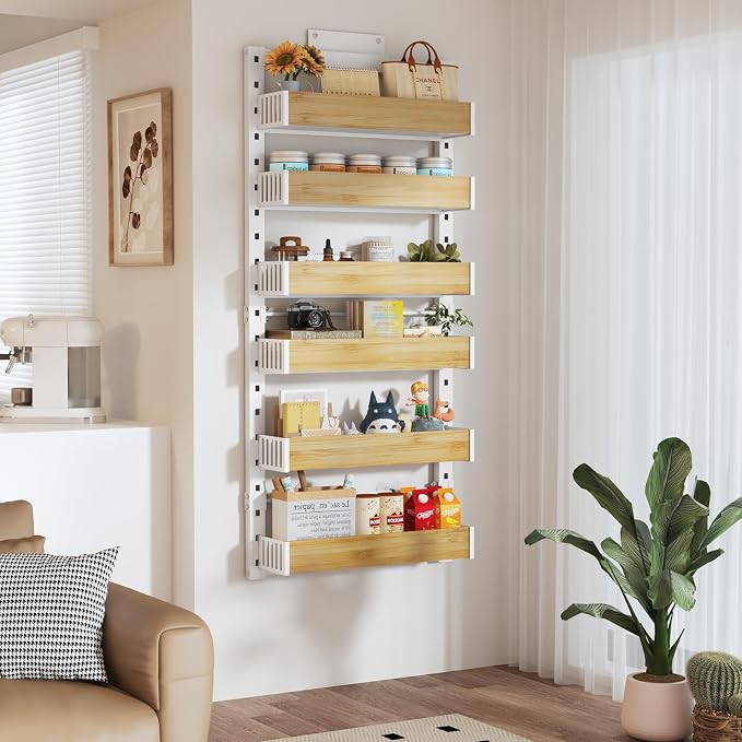 6 Tier Over the Door Pantry Organizer with Adjustable Wooden Baskets, Heavy Duty 2 in 1 Wall Mounted & Hanging Spice Rack for Kitchen, Cabinet and Closet Organization - Image 5