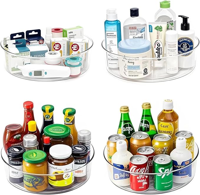 4 Pack Lazy Susan 11.5" Inch Turntable Organizer Organization Storage Container Bins Spice Rack Cabinet Rotating Condiment for Pantry Countertop Kitchen Vanity Bathroom Jewelry Holder Clear by YCLADEC