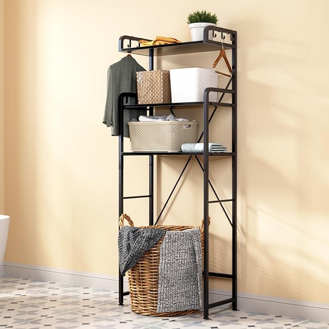 Huhote Over-The-Toilet Storage Rack with 3-Tier Shelves, Space Saver Toilet Shelf, Bathroom Storage Organizer with Hooks for Over-Toilet Storage (Black) - Image 7