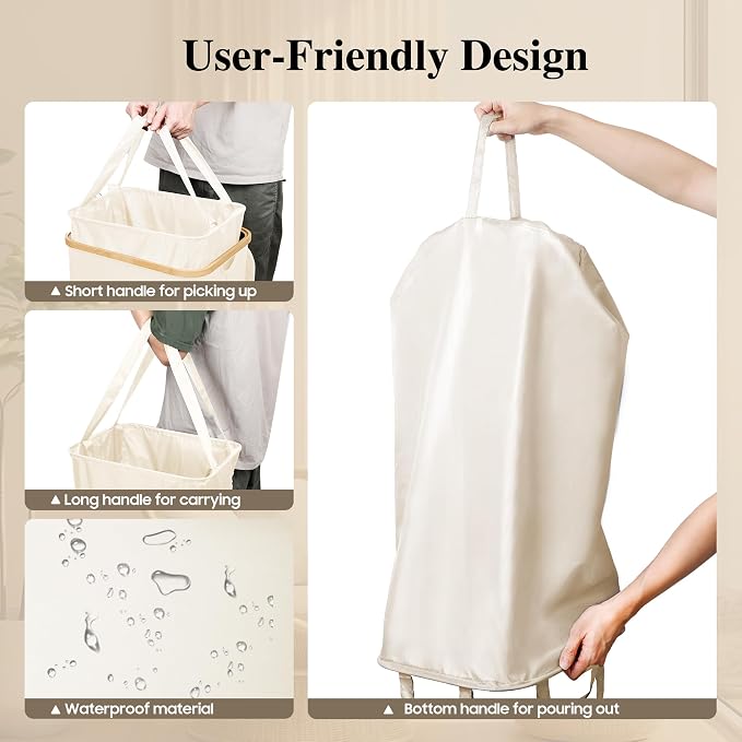 Foluck Large Laundry Hamper, 100L Waterproof Laundry Basket with Lid and Removable Bag, Collapsible Tall Clothes Hamper with Bamboo Handles for Clothes Toys in Dorm Bedroom Bathroom, Beige, ZYL101-W - Image 5