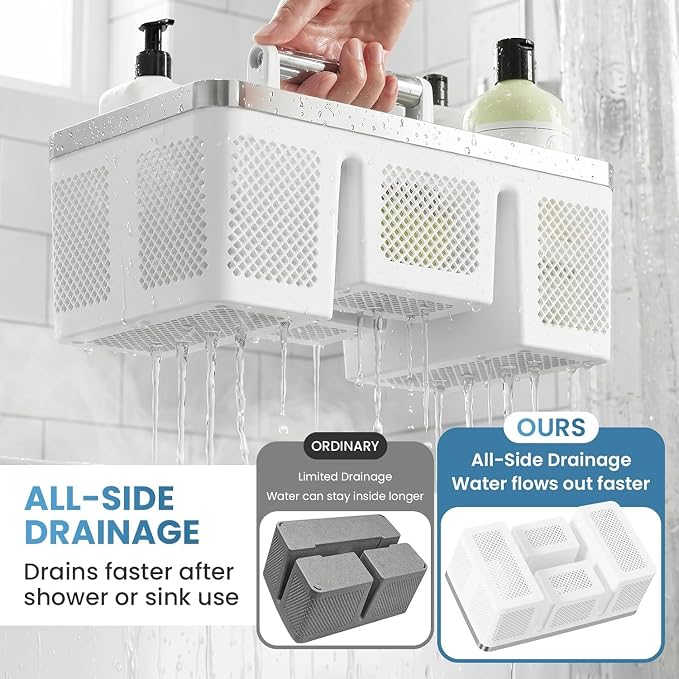BYUNER Plastic Shower Caddy Dorm: Portable Shower Basket Tote with Handle, 4 Compartments, All-Side Drainage, Hard Bathroom & Cleaning Caddy Organizer for college Dorm Room Essentials, White/Silver - Image 3