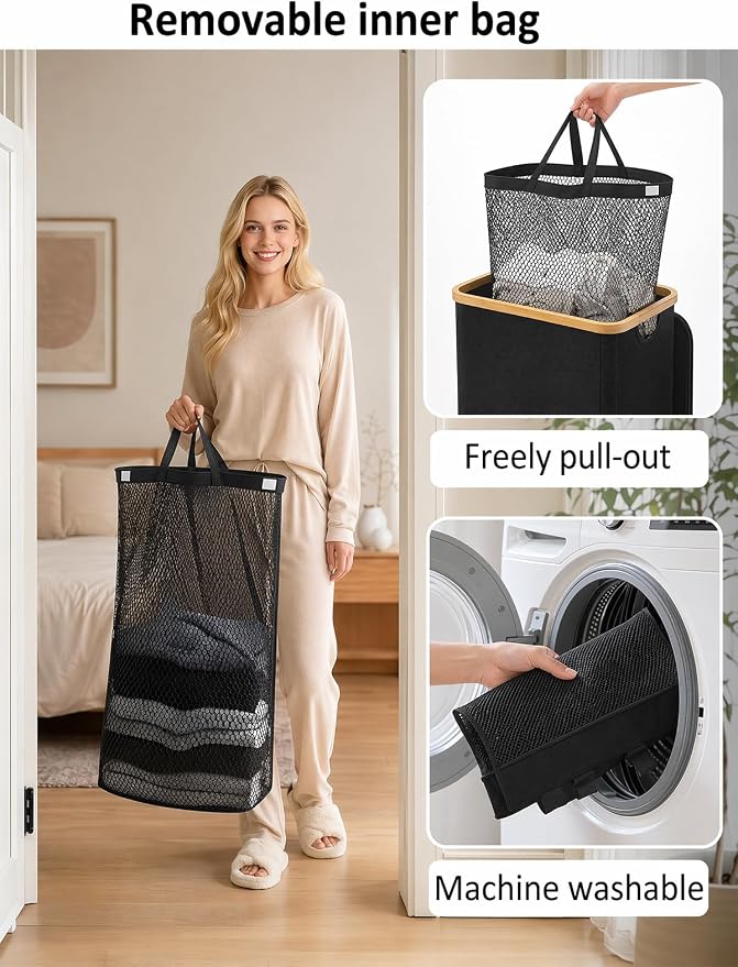 IEGrow Laundry Hamper with Lid,85L Laundry Basket with Mesh Bags,Black - Image 4