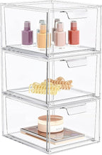 3 Pack Stackable Acrylic Makeup Organizer, Clear Storage Drawers by SpaceHacks