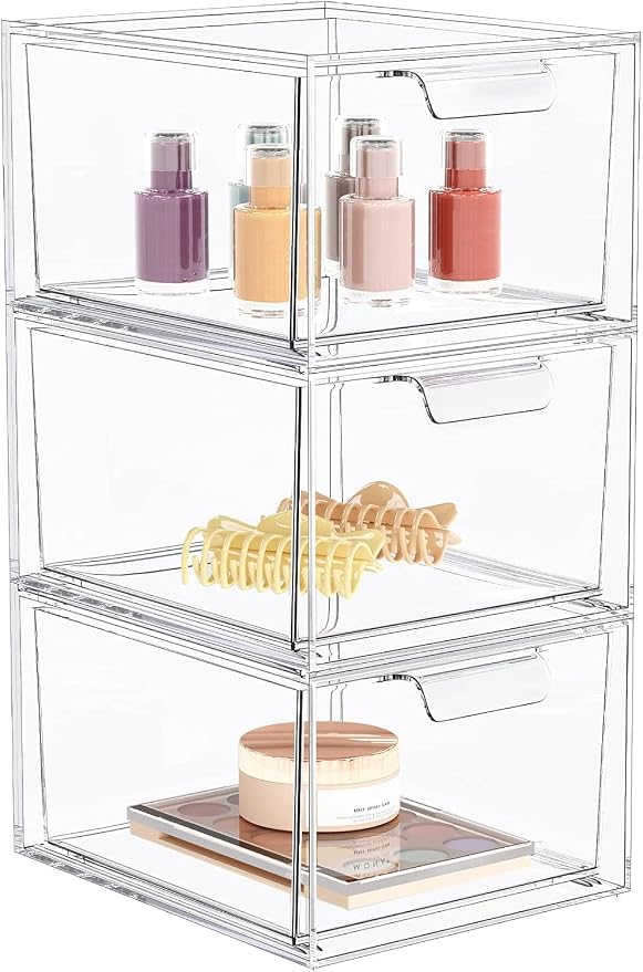 3 Pack Stackable Acrylic Makeup Organizer, Clear Storage Drawers by SpaceHacks